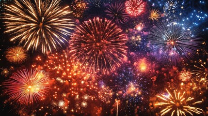 Naklejka premium A grand finale of fireworks, with multiple bursts lighting up the sky in vivid colors, creating an unforgettable visual spectacle
