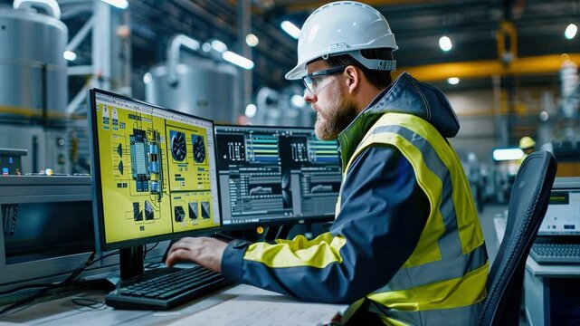 An engineer working in a factory, surrounded by industrial machinery, and utilizing a personal computer with two monitors, one of which is showing a green mock-up screen.