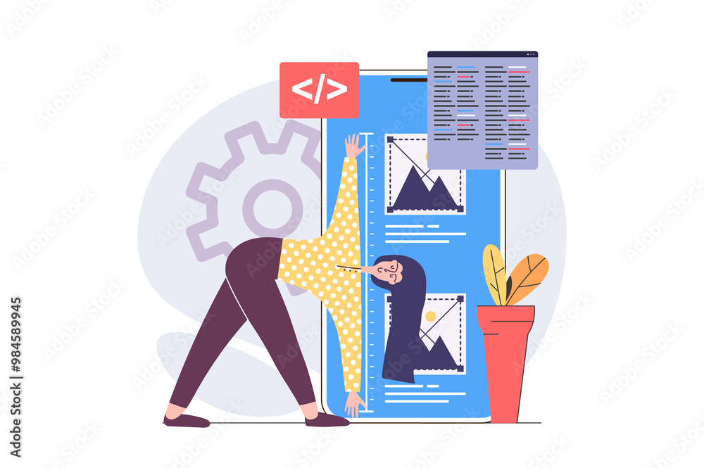 Leinwandbilder Web development concept in modern flat design for web. Woman developing and programming layout interface, engineering digital project for mobile phone, making settings on screen. Illustration.