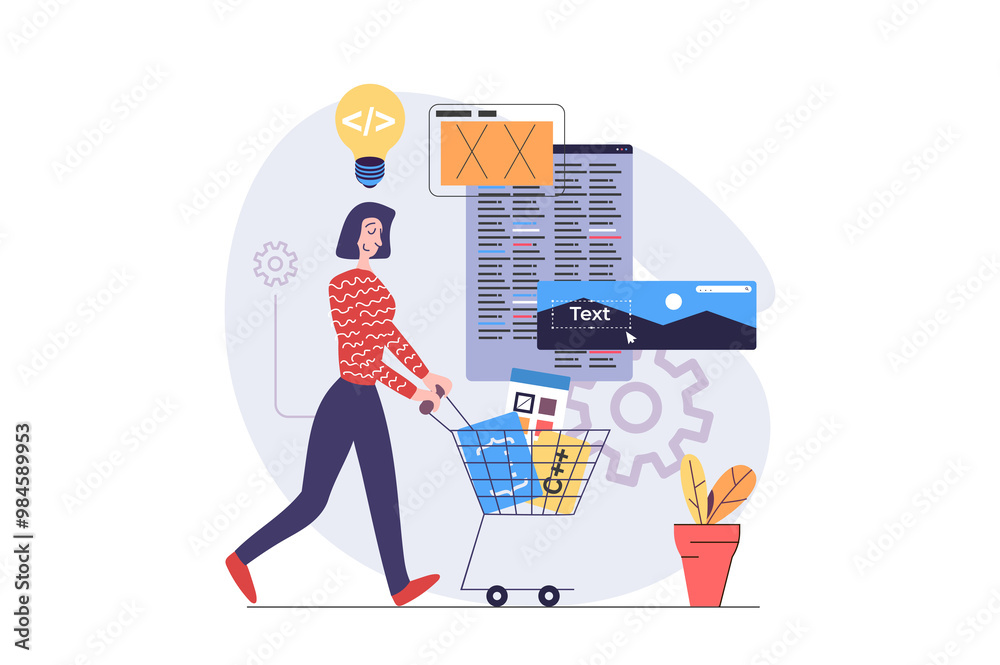 Aufkleber Web development concept in modern flat design for web. Woman developing and programming wireframe app interface, brainstorming and building layout with digital content at screens. Illustration.