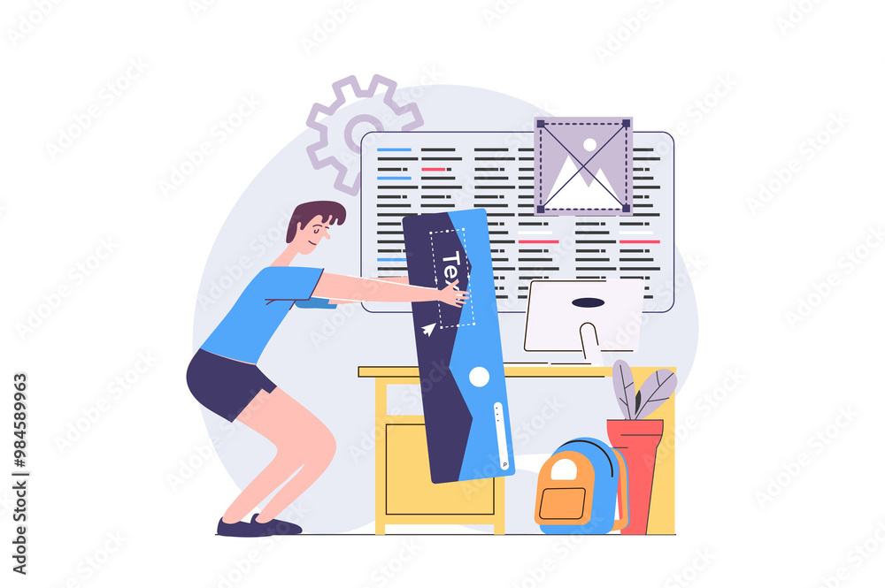 Aufkleber Web development concept in modern flat design for web. Developer creating and programming wireframe app interface, constructing layout with content, making application template. Illustration.