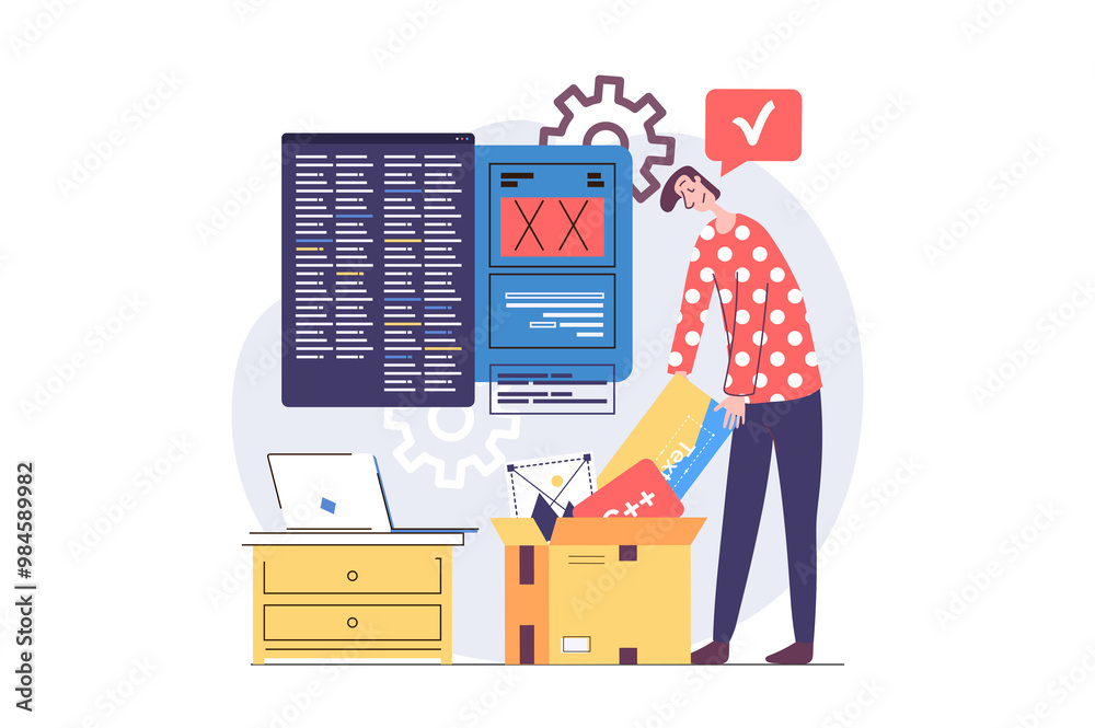 Aufkleber Web development concept in modern flat design for web. Man developing and programming layout interface on screens, engineering digital project, making research and doing settings. Illustration.