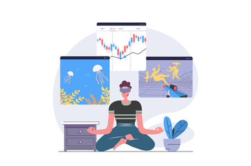 Virtual reality concept in modern flat design for web. Man in VR headset paying shooter game and online aquarium, working with data graph analysis on augmented screens simulation. Illustration.