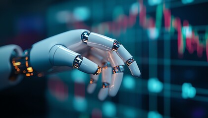Futuristic robotic hand interacting with digital data graphs, symbolizing technology, finance, and innovation in modern industries.