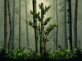 Pixel art bamboo plant with lush green leaves.