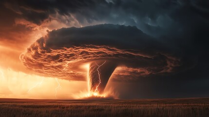A dramatic storm cloud formation showcases a powerful tornado under a fiery sky, capturing nature's raw energy and beauty.