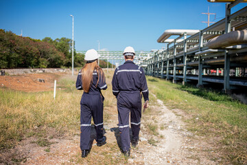 Engineers survey team wear uniform and helmet stand workplace holding a laptop and pointing into the distance, inspection discuss or plan work construction site with pipe oil refinery is industry