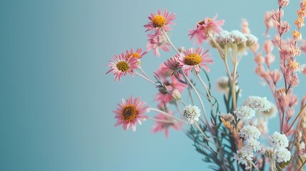 Bounquet of meadow flowers on light blue background