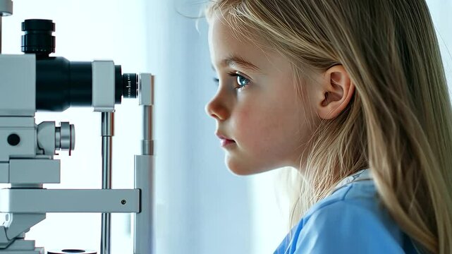 eye examination, a young girl is seen using a slit lamp, capturing the intersection of modern medical technology and pediatric healthcare, with the setup reflecting the careful att