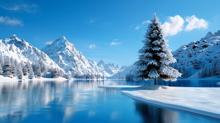Fototapeta premium Serene Winter Landscape with Snowy Mountains and Lake