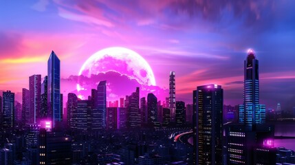 Futuristic Cityscape Under Vibrant Moonlight