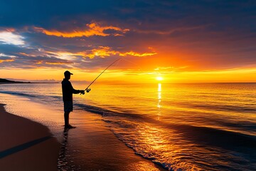 A fisherman casting his line from the shore, with the golden light of sunrise casting a warm glow over the beach