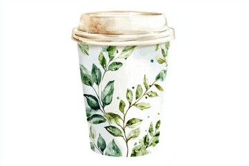 A stylish coffee cup adorned with green leaves, perfect for nature lovers and eco-friendly products.