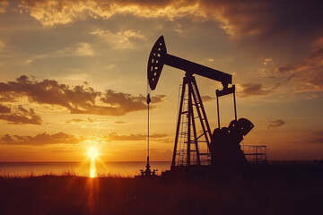 Pompe  &agrave; t&ecirc;te de cheval d'extraction de p&eacute;trole au coucher du soleil