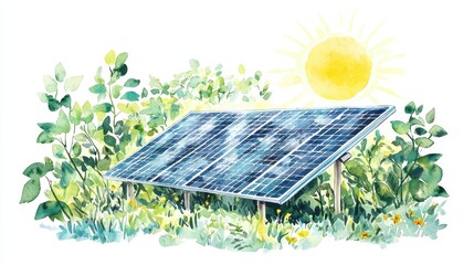 A vibrant watercolor illustration of a solar panel surrounded by greenery and sunlight, symbolizing clean energy and sustainability.