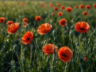 Poppies next to a green wheat field.