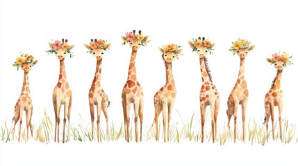 A whimsical illustration of giraffes adorned with floral crowns, creating a charming, playful scene in a colorful setting.