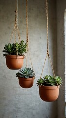 Potted succulents hanging in a minimal setting.