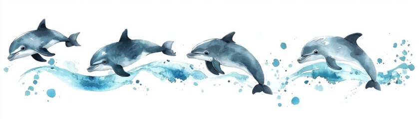 Playful dolphins leap through sparkling blue waves, showcasing their grace and joy in a vibrant marine scene.