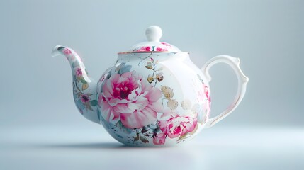 Delicate Porcelain Teapot with Floral Design on White Background