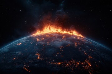 A panoramic view of continents on Earth engulfed in flames and smoke as seen from outer space, emphasizing the planetary scale of an apocalyptic event engulfing multiple regions.