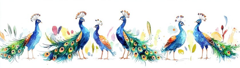 Obraz premium Vibrant watercolor illustration of peacock with colorful feathers, showcasing elegance and beauty in nature.