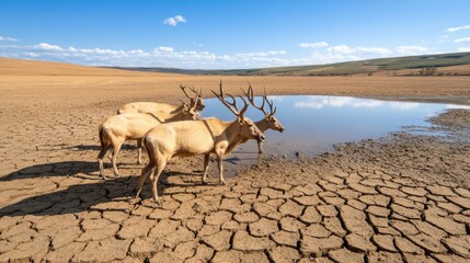 Obraz premium Majestic Deer Herd Reflected in Dried Up Pond in Arid Grassland Landscape