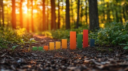 A vibrant bar graph with colorful ascending bars displayed on a forest floor illustrates the intersection of environmental progress and data visualization in nature
