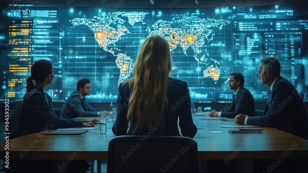 Poster business professionals gathered around a table with a world map displaying data and analytics