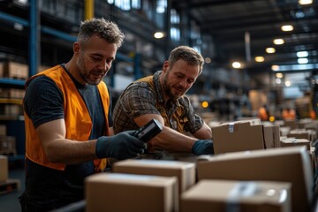 Obraz premium In an industrial setting, two workers with vests and gloves efficiently scan packages on a conveyor belt, showcasing modern inventory control techniques.