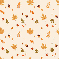 A simple fall pattern in a flat style with colorful leaves and fall details arranged in a repeating design. Background for textile, fabric, cotton fabric, covers, wallpaper, print, gift wrapping.