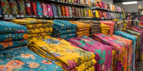 A vibrant, colorful fabric store with neatly stacked rolls of various patterns and textiles, showcasing a wide selection of fabric choices for customers