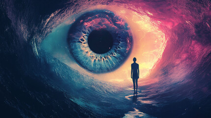 Abstract dreamlike motivational image. Illustration of person being in a dream in imaginary world. The eye. 