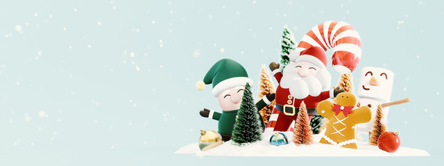 Santa Claus, Elf, and Snowman with Christmas decoration on blue background with copy space. Christmas greeting card design. 3D Rendering, 3D Illustration