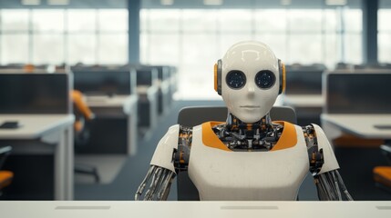 A humanoid robot sits in a modern office setting, overlooking a workspace filled with computers and colleagues.