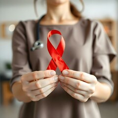 Lady showing hiv or aids awareness symbol volunteering for charity campaign for prevention immunity disease cancer elderly healthcare support Hand of mature woman holding red ribbon Close up
