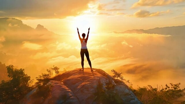 A woman in activewear doing yoga on a hilltop at sunset, surrounded by stunning nature and finding inner peace in the moment.