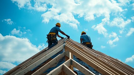 Two Construction Workers on a Roof Framing a House