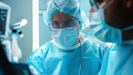 A surgeon and doctor closely examine an x-ray film, discussing the details and planning the next steps in patient care. - Powered by Adobe