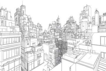 Line art illustration depicting architectural design of a city featuring a detailed 3D sketch