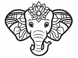 Cute elephant face coloring page for kids featuring simple line art and a geometric flower mandala design perfect for minimal clipart and coloring activities