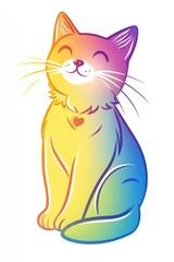 Line art illustration featuring a rainbow gradient design of a cheerful cartoon cat