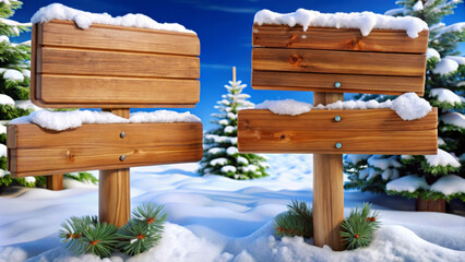 Fototapeta premium Two wooden signposts covered with snow stand amidst a snowy landscape with evergreen trees in the background. Snow-covered pine branches lie near the base of the signs under a clear blue sky.AI genera