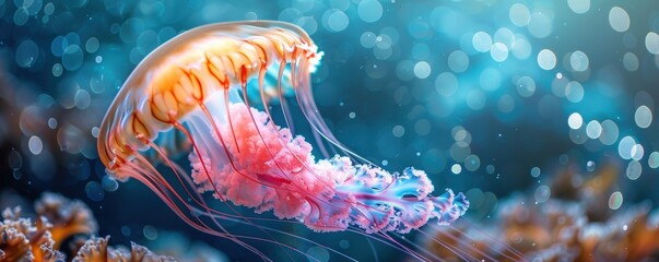 Fototapeta premium A vibrant jellyfish gracefully swims through a dreamy, bokeh-filled underwater ocean scene, showcasing its mesmerizing colors and delicate tentacles in a serene aquatic environment