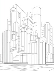 Line art illustration of an abstract architectural building in a 3D style