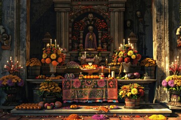 A colorful Buddhist shrine overflowing with fresh flowers and fruit, perfect for decorating or illustrating a story about spirituality and gratitude