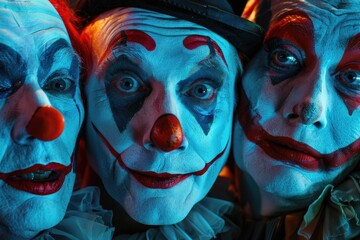 A group of people dressed as clowns pose for a photo