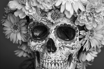 A skull surrounded by flowers, great for use in various designs and themes