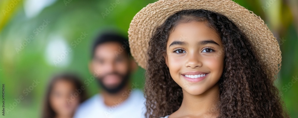 Wall mural a young girl with a straw hat is smiling at the camera. she is surrounded by two other people, one o