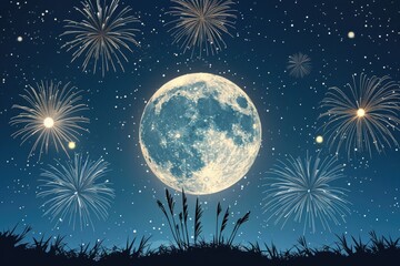 Fototapeta premium A serene scene of a full moon surrounded by colorful fireworks in the night sky